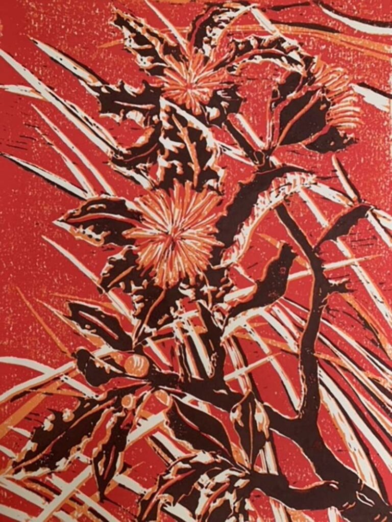 Abstract art of flowers with red background.
