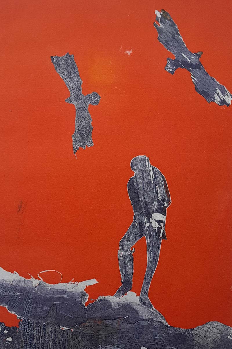 Silhouette of man and birds on orange background