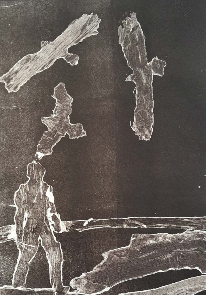 Silhouetted figure with abstract shapes in grayscale.